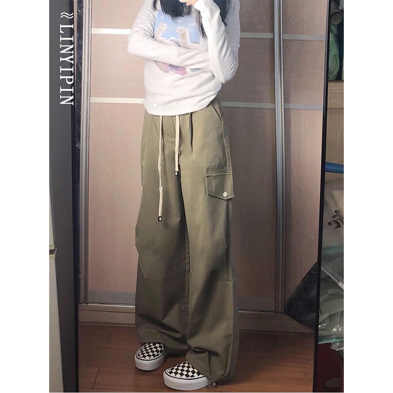 美式高街工装裤女大码春季宽松显瘦速干束脚裤胖mm休闲直筒阔腿裤