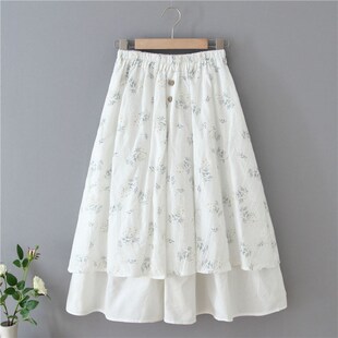 仙女半裙子 中长款 超仙森系拼接半身裙碎花显瘦棉麻2024新款 春夏季