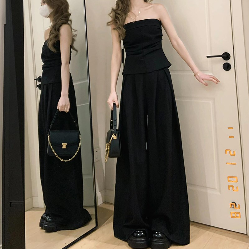 辣妹套装女夏季2025新款高级感黑色抹胸阔腿裤高腰显瘦休闲西装裤