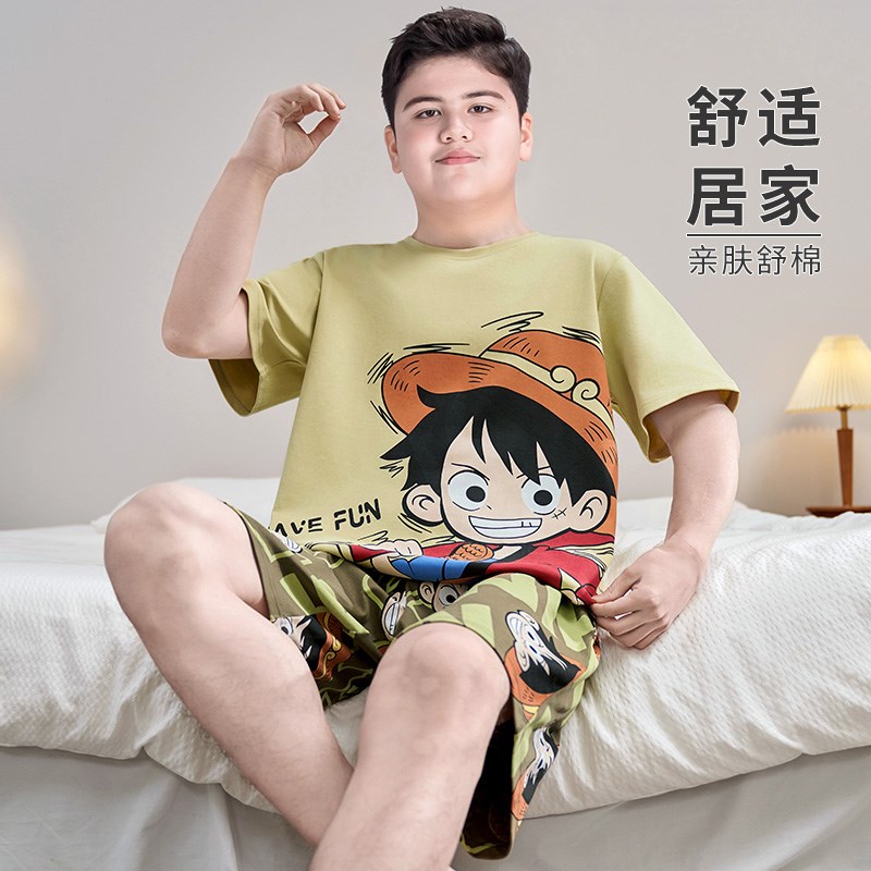 胖童装男童家居服套装加肥加大夏装初中学生短袖睡衣薄款纯棉夏天