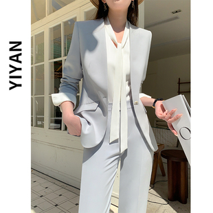 无领西装套装女2025新款春秋小脚裤高级感正装小个子修身职业套装
