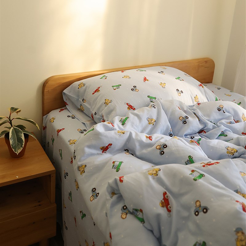 开车动物 纯棉双层纱布可爱卡通蓝色床单被套床笠枕套单件床品春
