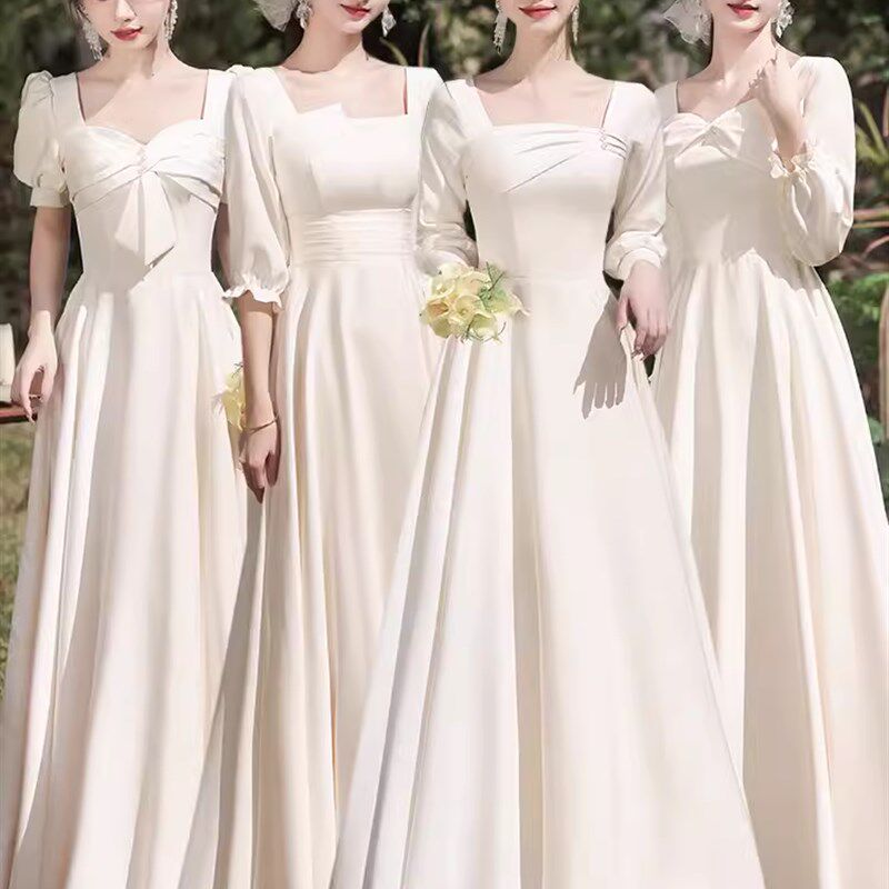 香槟色伴娘服2024秋冬新款长款仙气姐妹团礼服女显瘦小众平时可穿