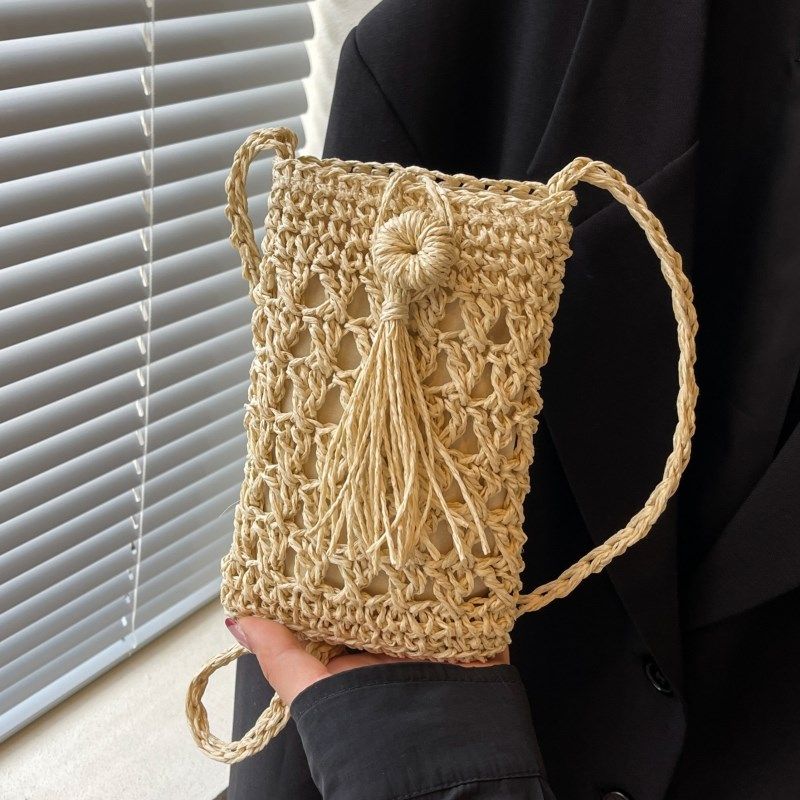 夏天手机包包女2024新款百搭迷你编织斜挎小包海边度假沙滩草编包