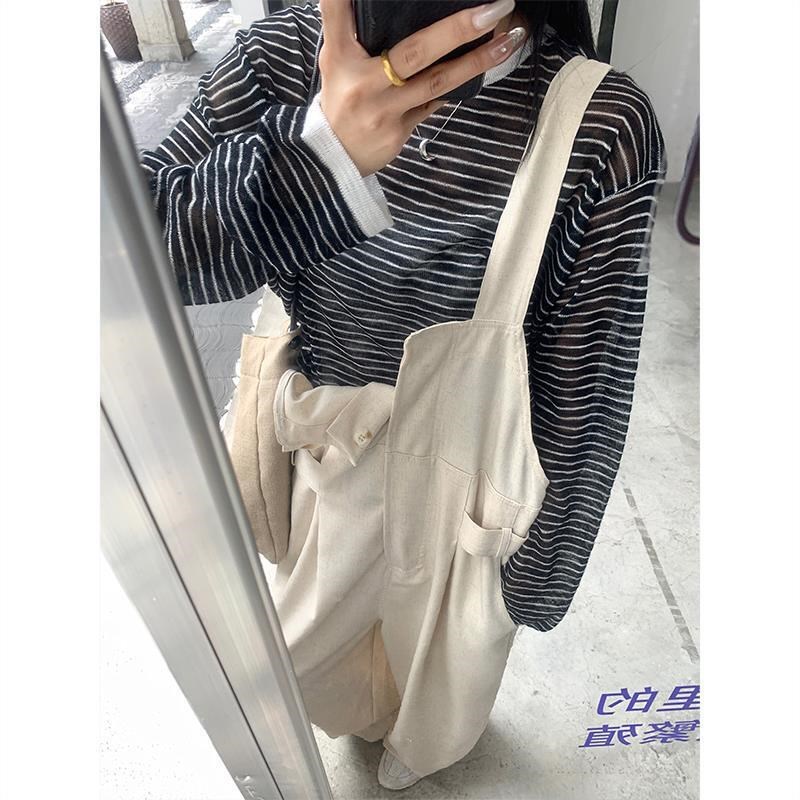 韩版夏季罩衫女宽松拼色领条纹薄款竹节麻长袖防晒T恤圆领上衣潮