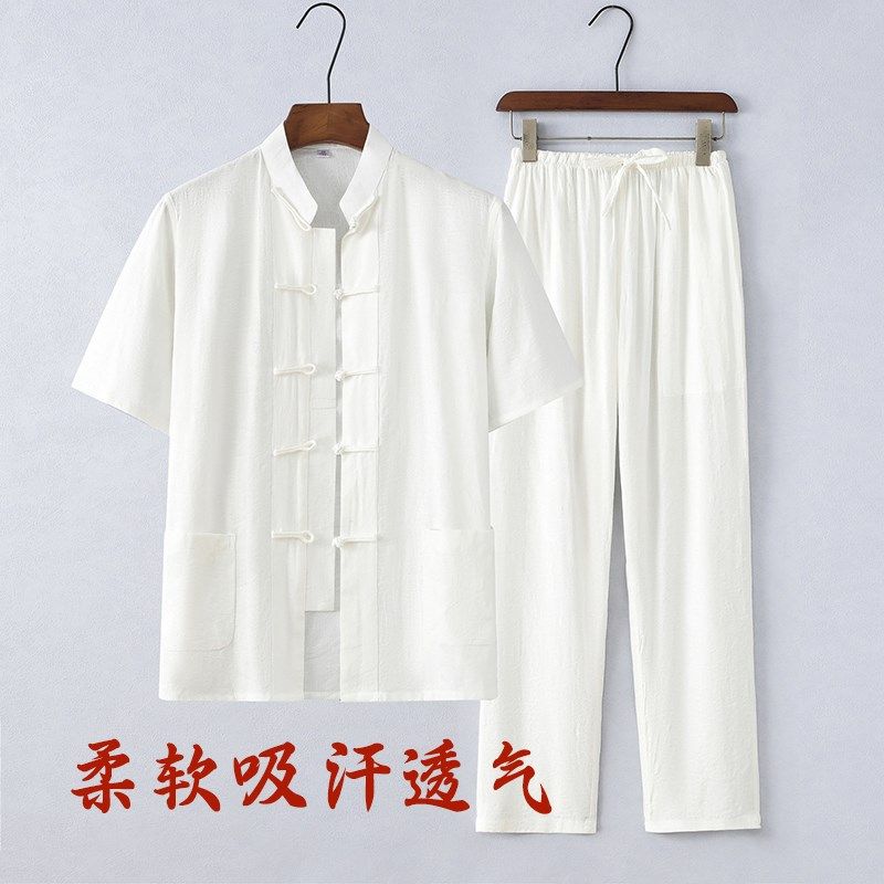 中国风唐装纯棉短袖套装中式复古男装茶服汉服休闲爸爸装夏季薄款