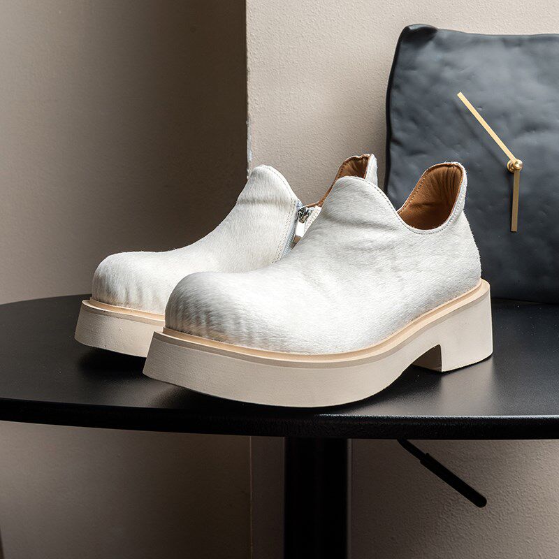 里外全真皮白色马毛皮休闲德比鞋男款增高简约宽大头皮鞋高级感潮