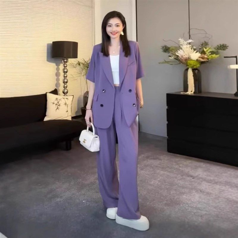 大码短袖西装套装女2025夏季薄款胖mm休闲气质高级感通勤两件套