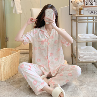 2023新款睡i衣女夏季纯棉绸短袖长裤薄款可外穿休闲家居服套装日