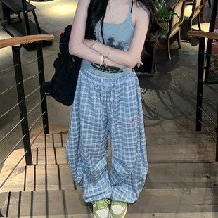 松弛感辣妹休闲运动拖地裤 女宽松阔腿裤 子 复古格子长裤 1N1N美式