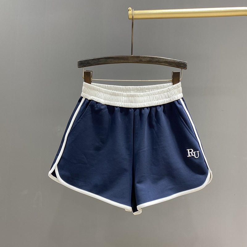 夏季字母刺绣运动休闲短裤女时尚拼接撞色宽松显瘦A字阔腿裤热裤