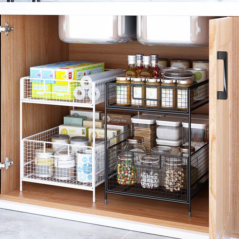 厨房拉篮收纳架洗漱台水池下整理架分层浴室柜卫生间下水槽置物架