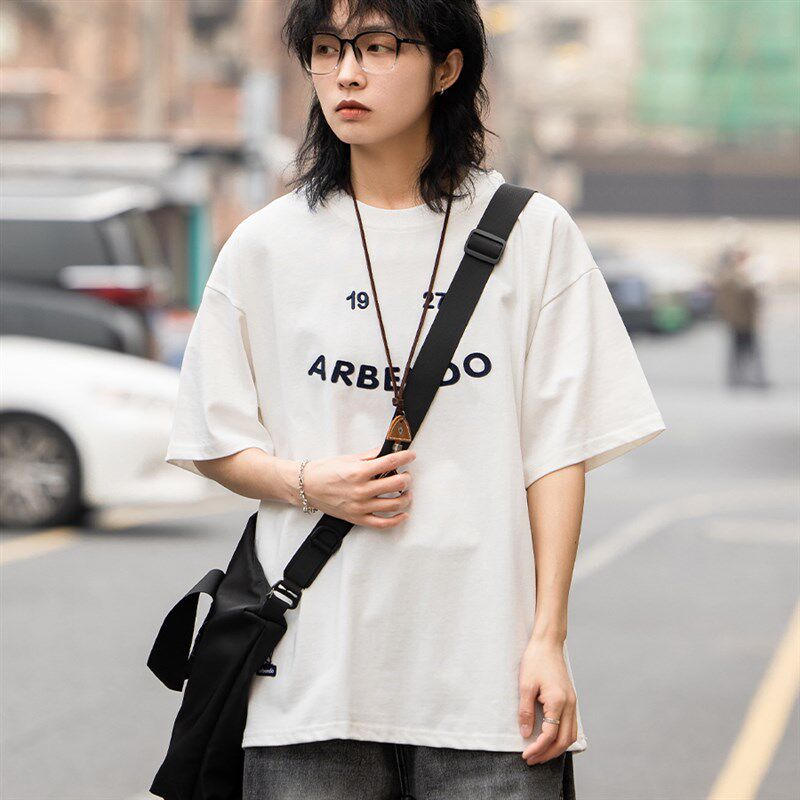 弎狸TIP 夏日系复古字母刺绣圆领短袖t恤男女休闲宽松套头半袖tee