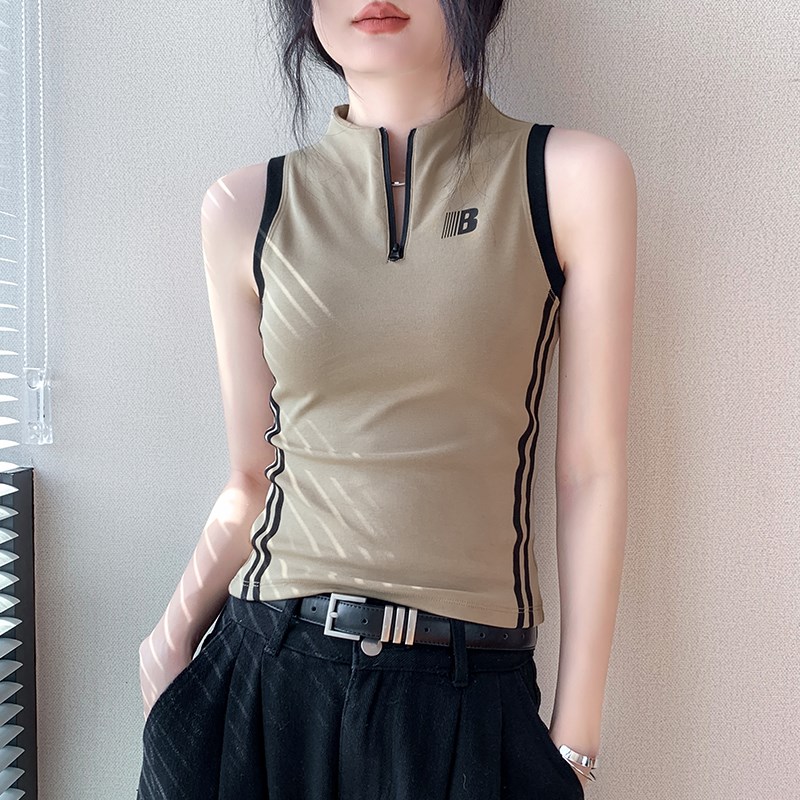 拉链立领背心女2025春夏新款修身字母内搭打底衫双色运动无袖上衣