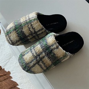 复古高级感格子棉拖鞋女秋冬毛绒保暖家居室内情侣格纹厚底防滑男