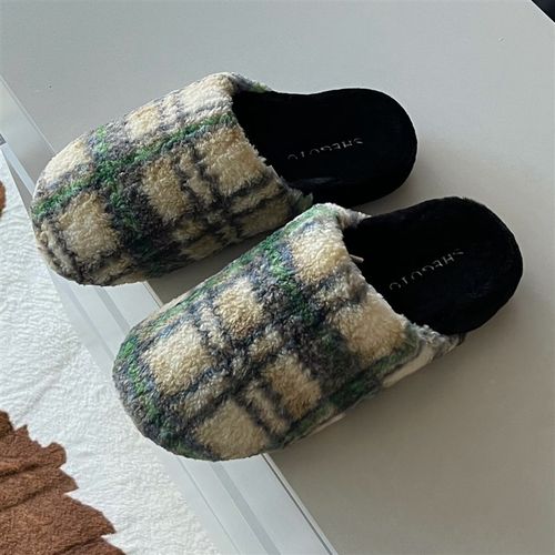 复古高级感格子棉拖鞋女秋冬毛绒保暖家居室内情侣格纹厚底防滑男