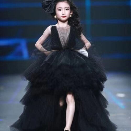 女童礼服裙黑色洋气公主婚礼花童婚纱裙拖尾钢琴演出服模特走秀裙