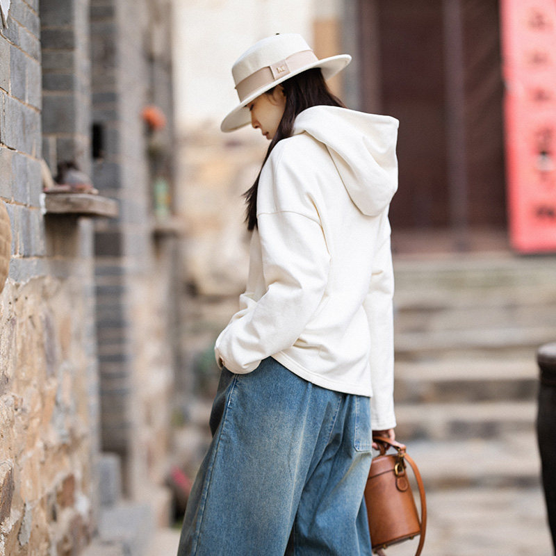 忆旧冬装连帽卫衣白色短款女冬加绒加厚2021新款毛绒上衣秋冬内搭