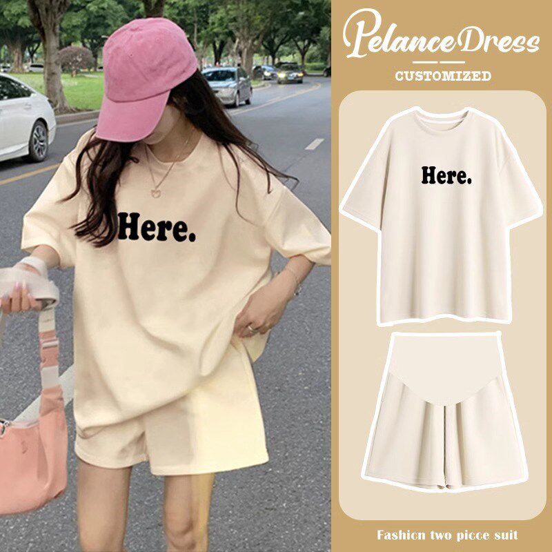 字母纯棉运动孕妇套装春夏季2025新款韩版休闲T恤短袖短裤两件套