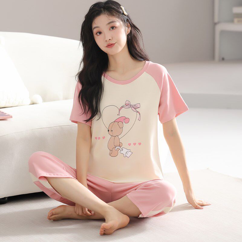 100%纯棉短袖睡衣女夏季薄款七分裤全棉L休闲家居服夏天可外穿套