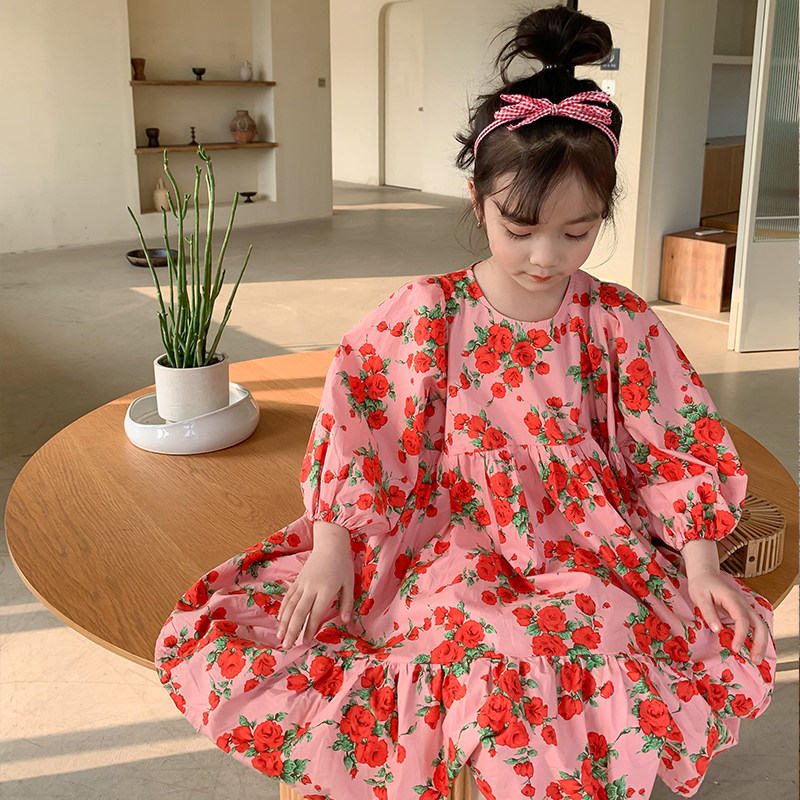 2022春装新款儿童裙子韩版女童花朵大裙摆连衣裙女宝宝长袖公主裙