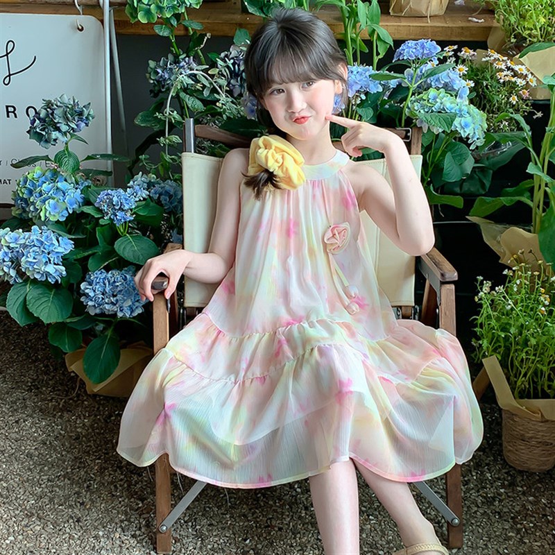 女童挂脖背心连衣裙夏装2025新款韩版设计感女孩洋气公主无袖裙子