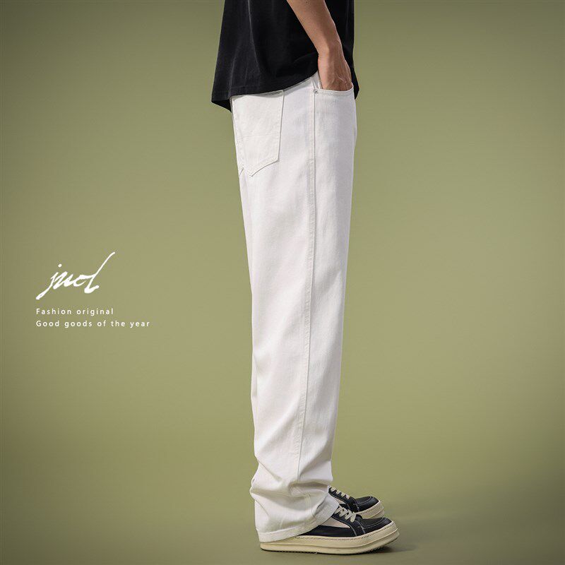 高街白色直筒牛仔裤男美式垂坠感阔腿裤四季款简约百搭休闲长裤子