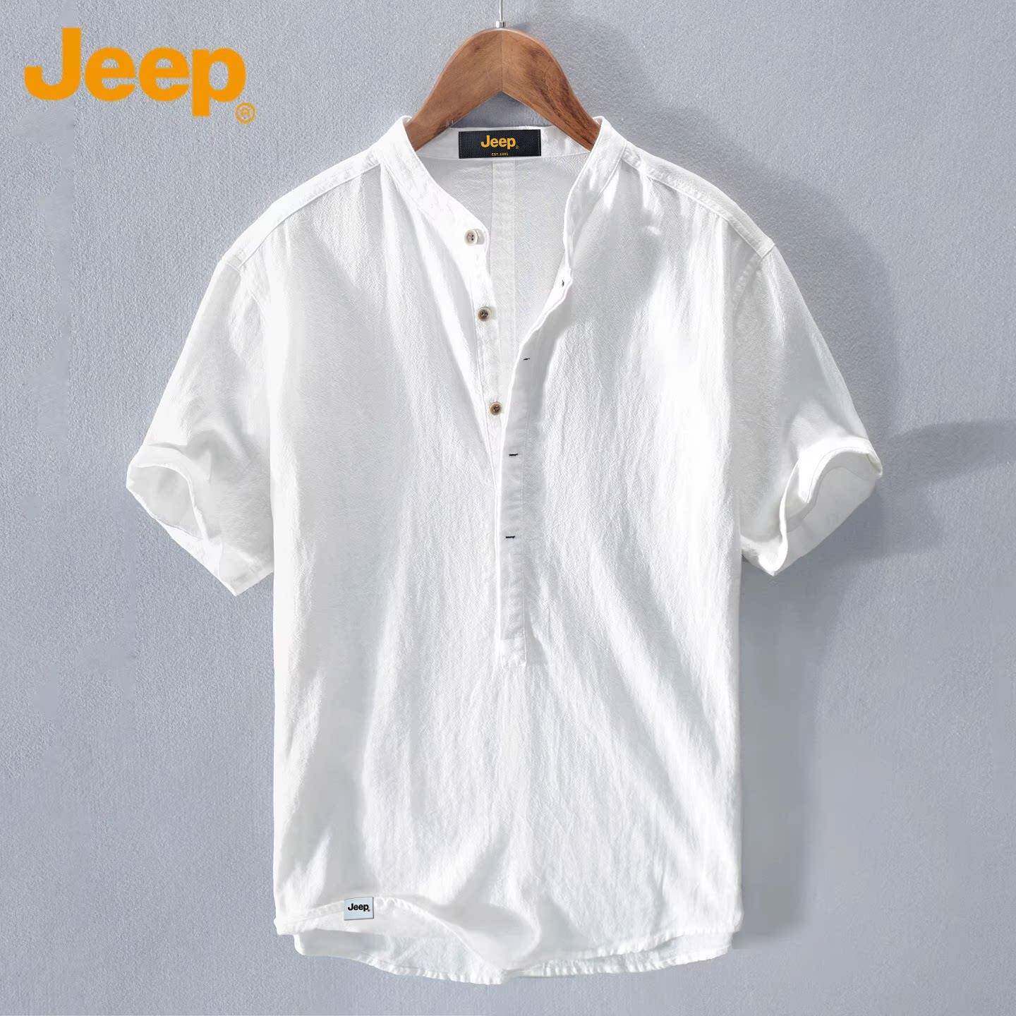 Jeep吉普棉麻短袖t恤男士2026年夏季薄款中式立领苎麻白色体恤男