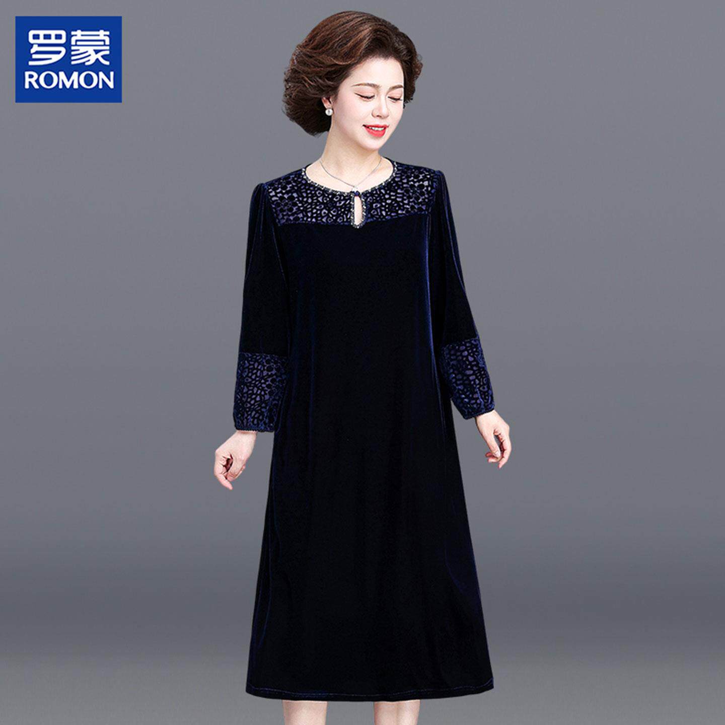 罗蒙中年妈妈春装金丝绒连衣裙2026新款五十多岁中老年女春秋裙子