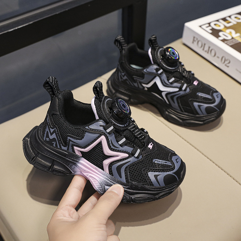 女童鞋秋季2025新款儿童防滑运动鞋黑色旋转纽扣透气老爹鞋女孩