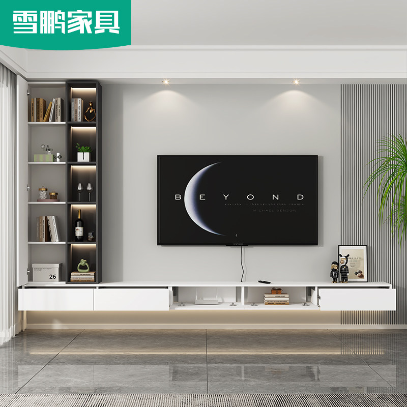 简约壁挂悬空电视机柜小户型客厅悬浮电视背景墙储物书柜书架一体