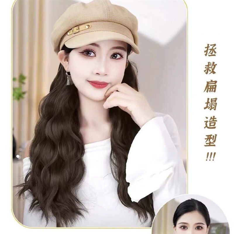 黛安娜皮扣八角帽水波纹假发帽子女假发一体带帽长卷发套连帽假发
