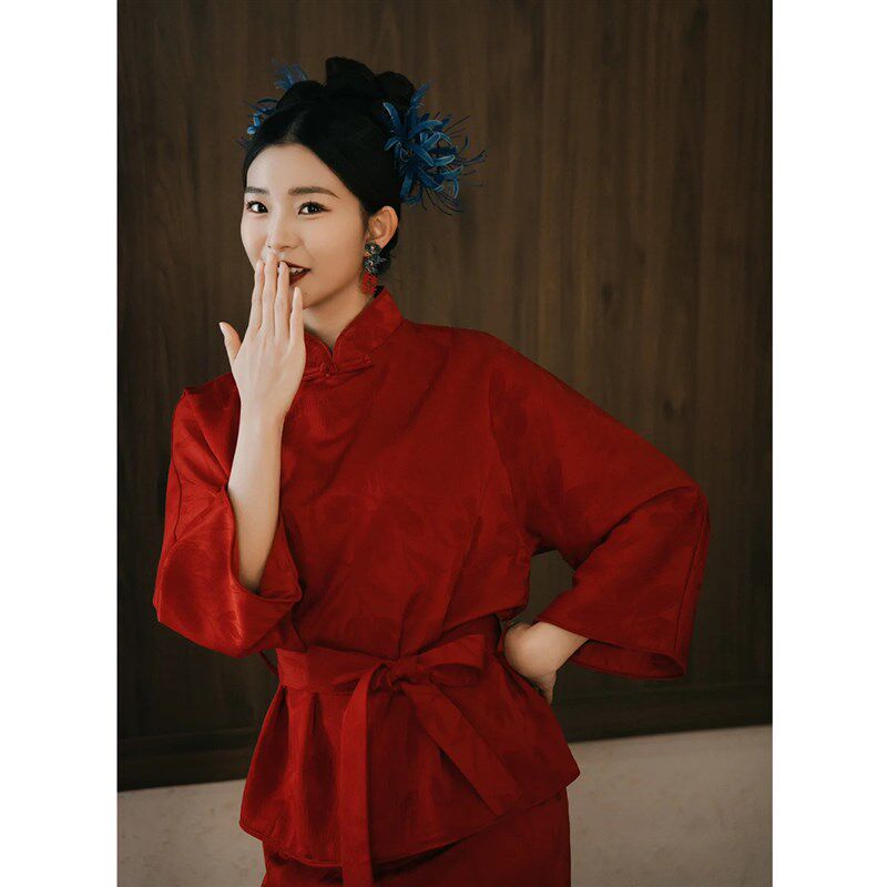 新中式改良旗袍新娘晨袍酒红色复古小个子敬酒服订婚礼服回门套装