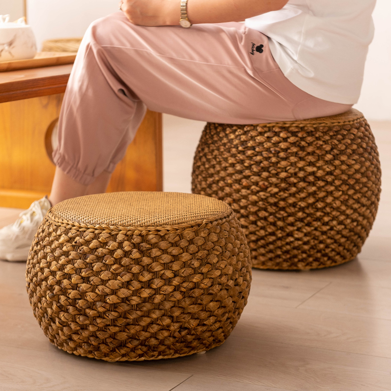 藤编矮凳圆鼓换鞋凳草编沙发茶几小凳子家用中式客厅实木板凳坐墩