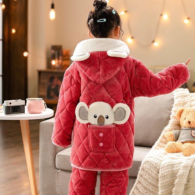 男童儿童睡衣冬天加绒加厚三层夹棉法兰绒女孩中大童家居服套装