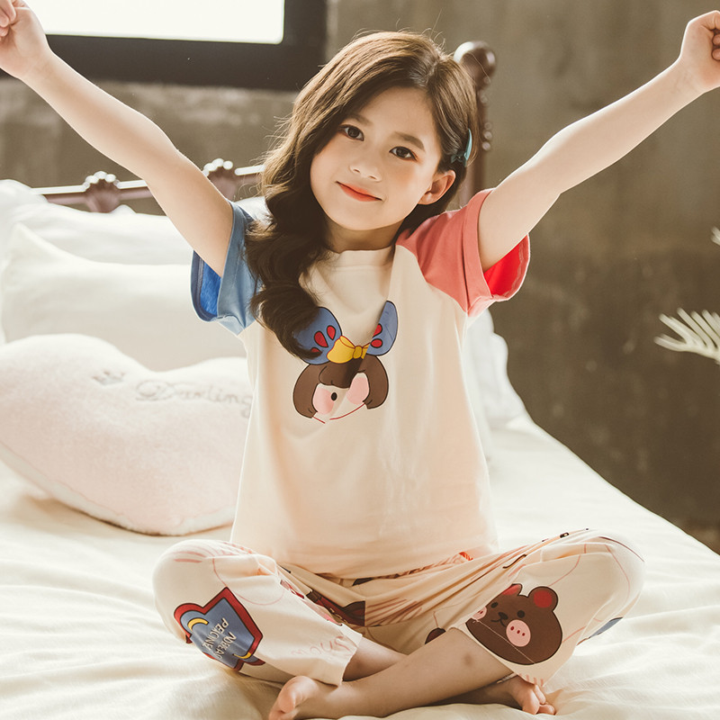 女童纯棉睡衣短袖长裤夏季薄款卡通可爱全棉套装儿童装宝宝家居服