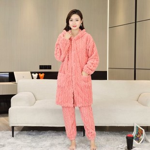 2024秋冬季新款女士连帽长袍睡衣套装外穿家居服长款加绒加厚宽松