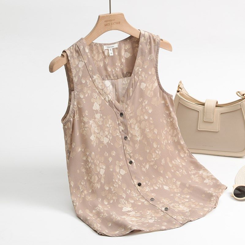 无袖雪纺衬衫女设计感夏季新款V领大码女装宽松碎花外穿背心上衣