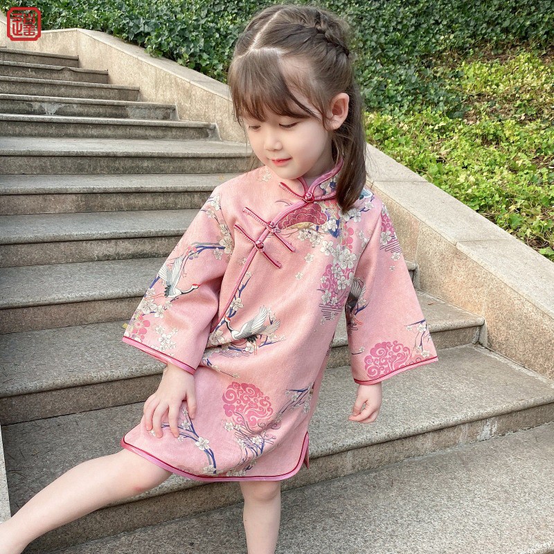 女童长袖唐装改良旗袍裙礼服民国风汉服儿童中国风古装公主连衣裙