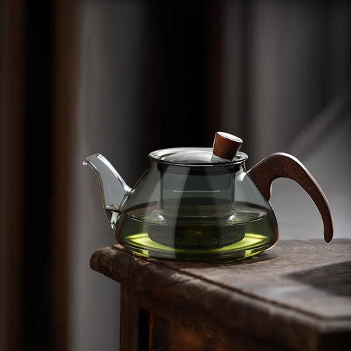 茶壶泡茶家用高硼硅玻璃茶水分离煮茶壶烟灰色胡桃木把手泡茶壶