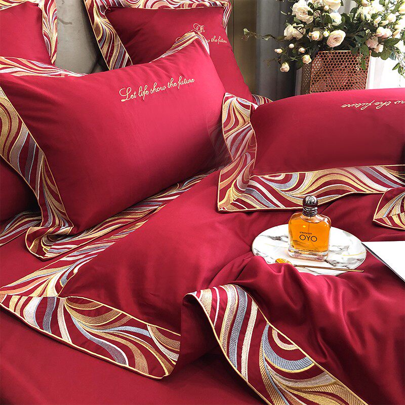 100支长绒棉贡缎纯棉红色婚庆喜庆结婚四件套简约全棉1.8床上用品