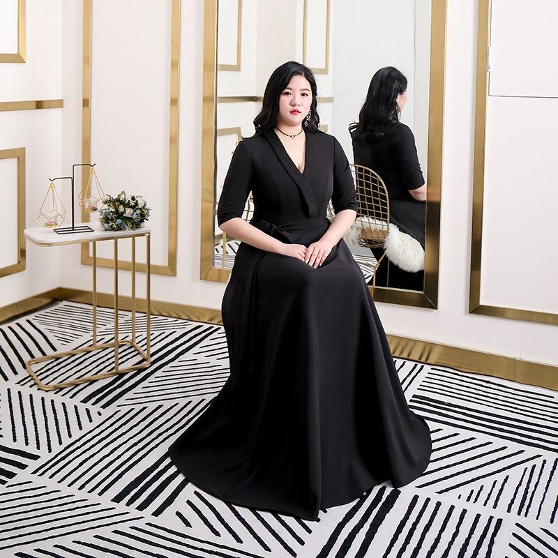 大码晚礼服200斤胖mm显瘦宴会女装平时可穿小个子连衣裙 黑色气质