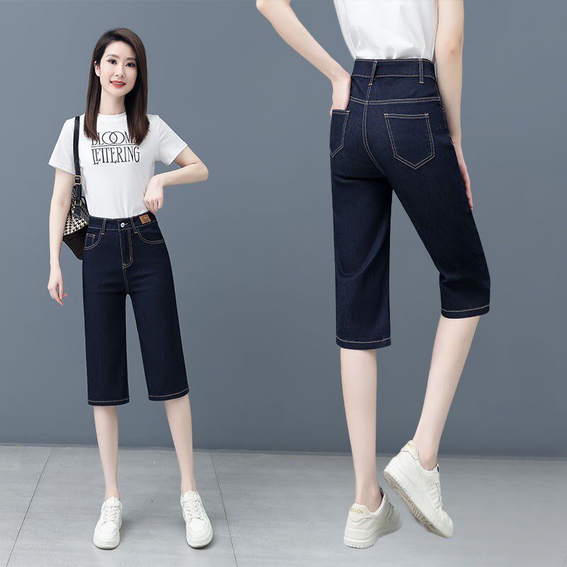 2024薄款夏季七分休闲牛仔短裤女新款高腰弹力宽松显瘦中裤直筒裤