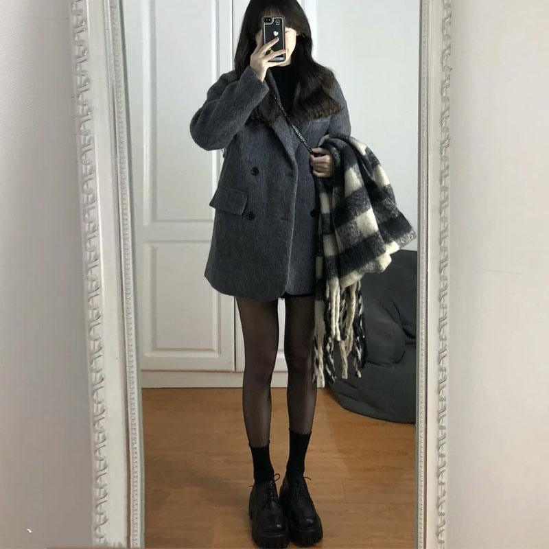 灰色毛呢外套女2023春秋新款加厚宽松高级感小个子西装呢子大衣女
