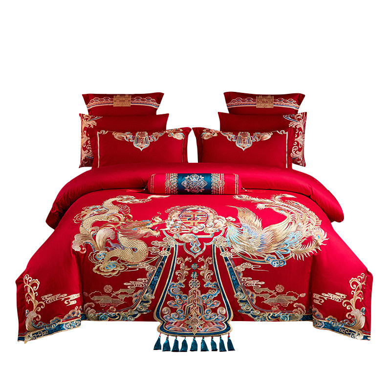 罗兰生活120支高端长绒棉纯棉结婚庆铺床上用品龙凤大红色四件套