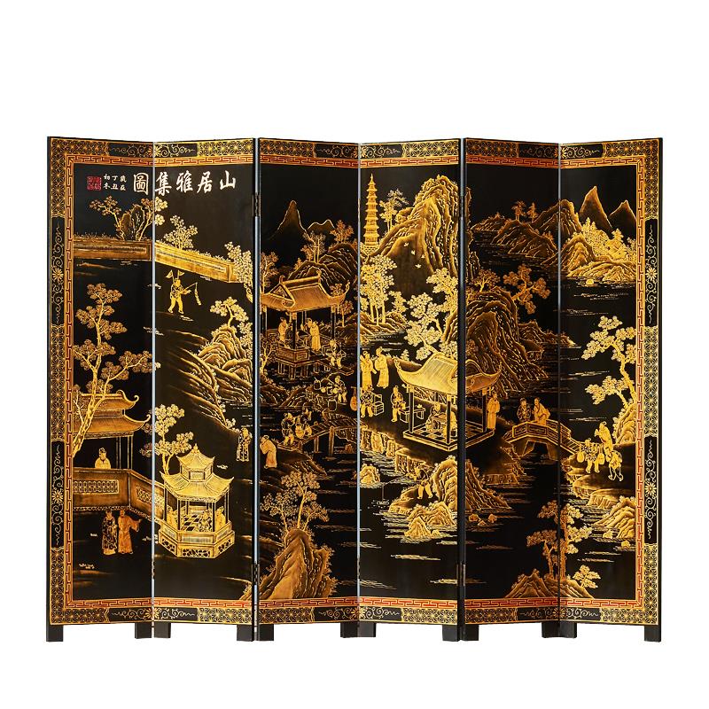中式古典描金漆画屏风壁画客厅酒店隔断玄关背景画《山居雅集图》
