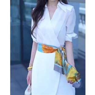气场强大优雅白色衬衫连衣裙女2024早秋款轻奢高级感丝带收腰裙