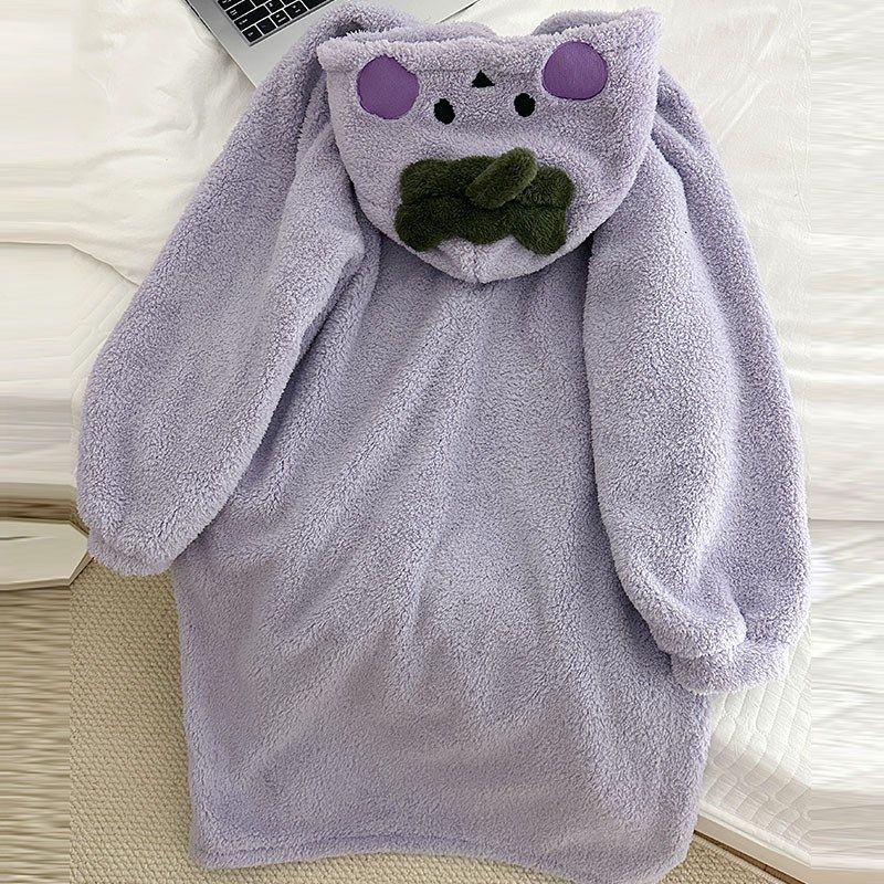 睡袍女秋冬季珊瑚绒加厚绒法兰绒紫色茄子长款浴袍连帽睡衣家居服