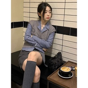 早秋冬季新款学院风搭配一整套毛衣马甲衬衫短裙子两件套装女时尚