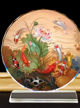 荷花鲤鱼图水晶摆件装饰画招财年年有余九鱼图新中式锦鲤桌面摆台